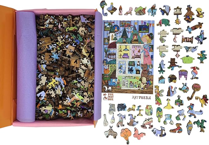 Wooden Jigsaw Puzzle for Adults - Uniquely Shaped Pieces - Made in The USA by FoxSmartBox - 440 Pieces - Amusing House