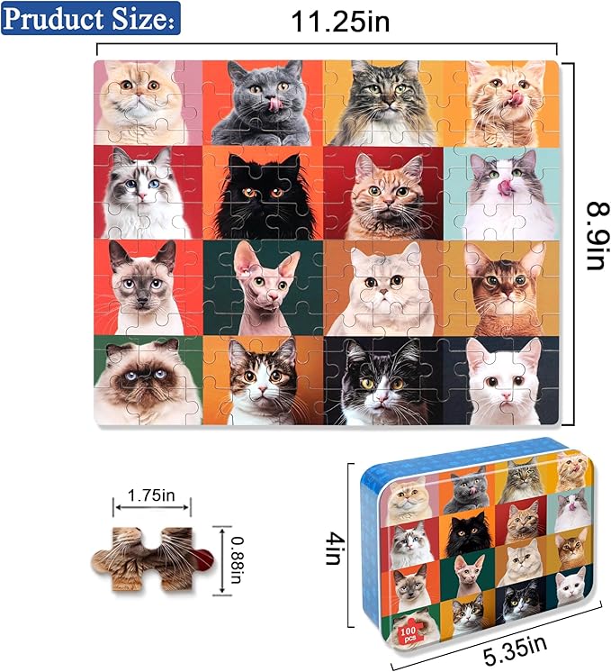 LELEMON Fun Cats Puzzles for Kids Ages 4-8,100 Pieces Cute Cats Jigsaw Puzzles in a Metal Box,Animal Pet Learning Educational Puzzles for Boys Girls
