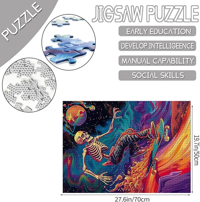 Tucocoo 1000 Piece Jigsaw Puzzles for Adults Skeleton Skateboard Painting Puzzle Psychedelic Trip Art 1000 Pieces Puzzles for Challenging Family Activity Game Colorful DIY Puzzle Wall Decor Gifts