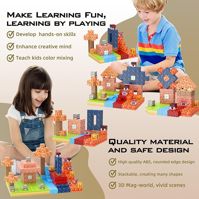 Magnetic Blocks 100Pcs Magnetic Tiles Building Toys Construction Toys STEM Sensory Construction Toys for 3 4 5 6 7 8 Year Old Boys & Girls, Creative Kids Games Kids Toy