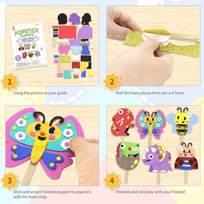 VKPI Make 6 Popstick Puppets Craft Kits for Kids, Foam Crafts, Story Time Toys for Ages 4+ Toddler, Dinosaurs, Butterfly, Preschool Projects Art Crafts, Birthday Holiday Gift