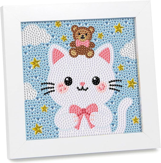 geesfayan Diamond Art Kits for Kids Ages 8-12,6 Inch DIY Gem Art Painting with 7 Inch Frame, Complete Starter Kit for Beginners, Creative Arts & Crafts Gift for Girls & Boys (Cartoon Cat)
