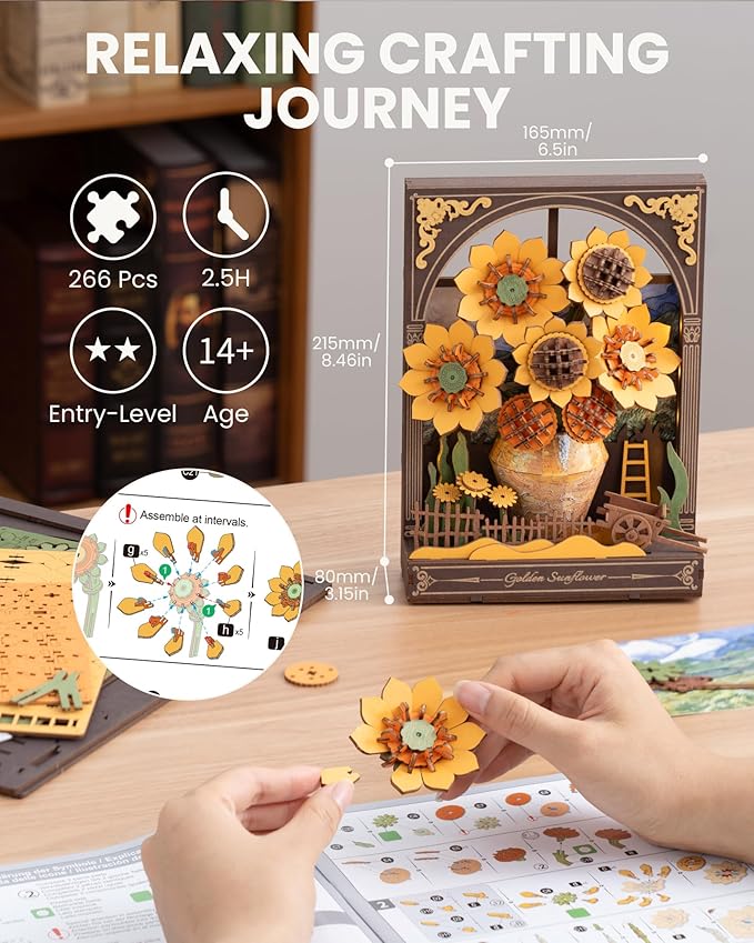 rowood Sunflower 3D Puzzle Building Set with LED,DIY Vincent Van Gogh Painting Artwork Craft Kits for Adults,Home Decor Botanical Collection Gift for Teens Kids on Christmas