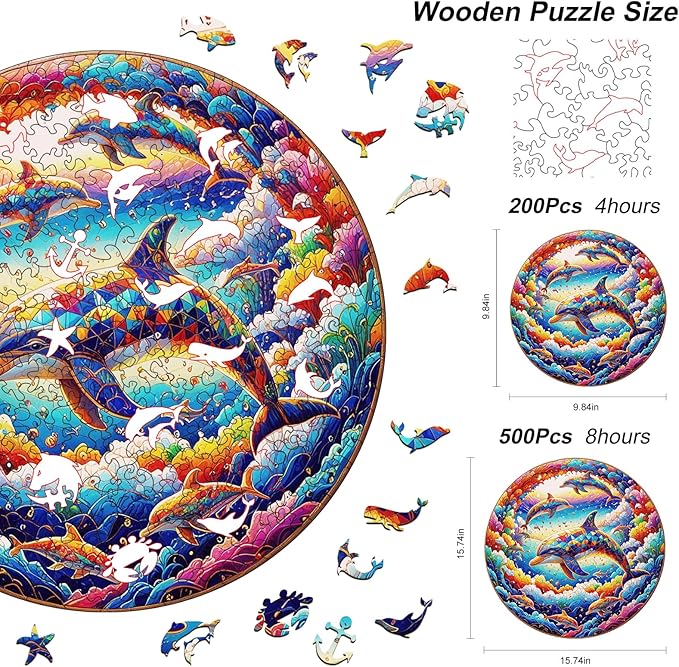 Wooden Puzzle for Adults – Unique Dolphin-Shaped Jigsaw, Colorful Ocean Animal Design Brain Teaser for Kid & Teen, 220 Pieces, 10"x10", Ships as Whole Puzzle Board, Gift-Ready Box, Fun Family Game