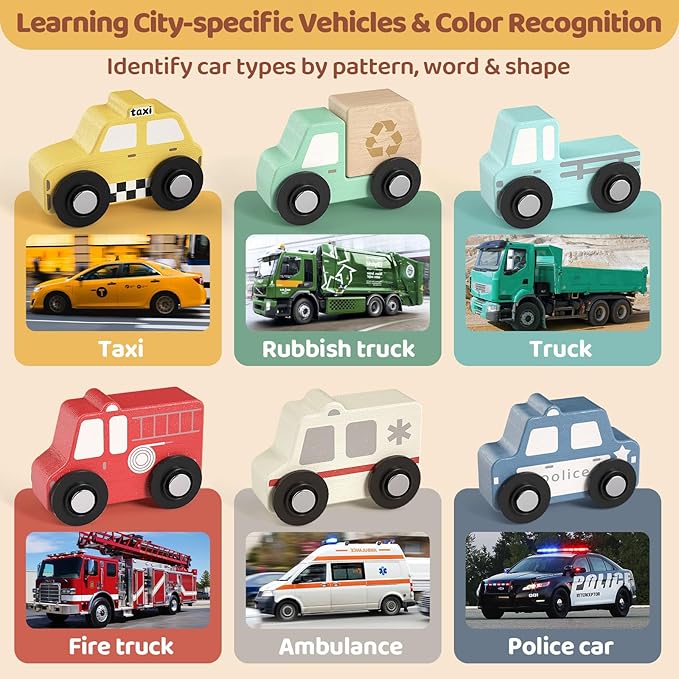 Wooden Toddler Puzzles,Montessori Vehicle Puzzles for Toddlers,Montessori Toys for 1 2 3 Years Old Boys Girls Educational Toys with 6 Emergency and City Vehicles,Wooden Toy Cars for Toddler 1-3