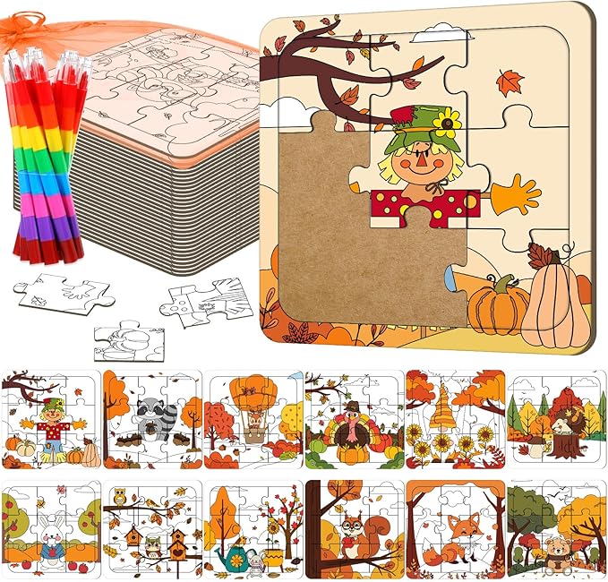 12 Sets Fall Puzzles Color Your Own Puzzles DIY Jigsaw Crafts with 12 Stackable Crayons and 12 Bags for Learning Education Toys Gifts Prizes Birthday Party Supplies(12, Fall)