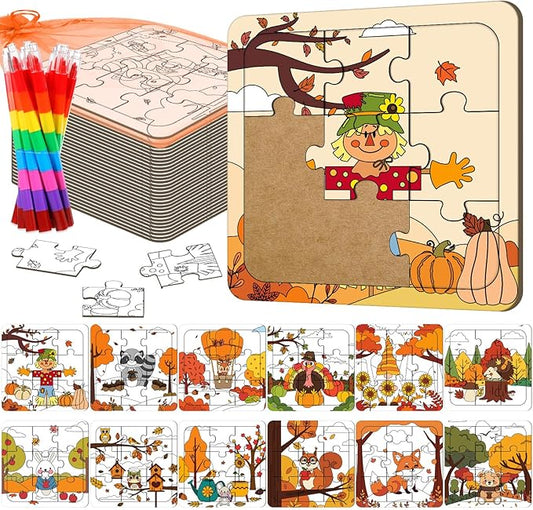 12 Sets Fall Puzzles Color Your Own Puzzles DIY Jigsaw Crafts with 12 Stackable Crayons and 12 Bags for Learning Education Toys Gifts Prizes Birthday Party Supplies(12, Fall)