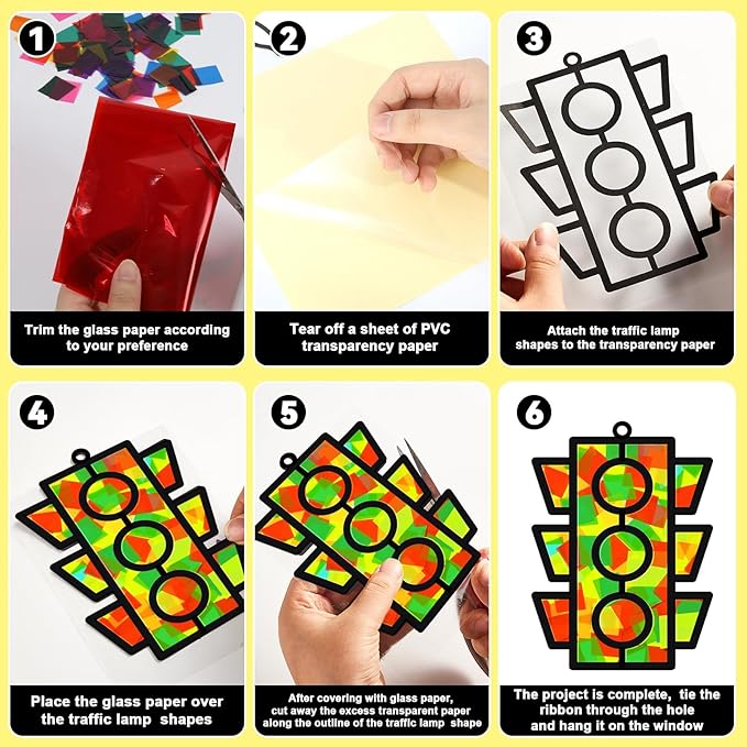 QOUBAI 32 Sets Traffic Light Suncatchers Craft Kit DIY Window Stained Glass Effect Traffic Lamp Paper Crafts Home School Classroom Decoration Kid Birthday Gift Creative Art Project Activity Game