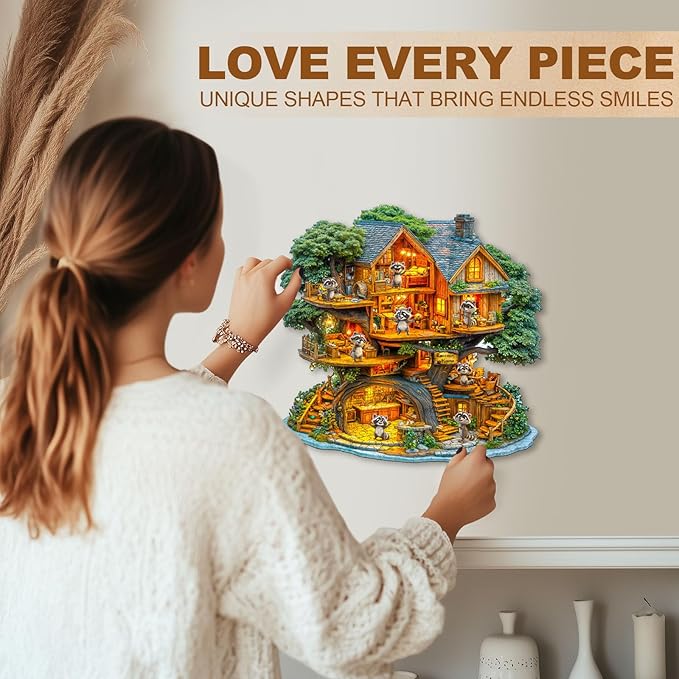Wooden Puzzles for Adults - 200 Pieces Raccoon House Wood Puzzle - Unique Shapes Wooden Jigsaw Puzzles for Adults - Eco-Friendly Home Office Decor (11.4 * 11.2in)