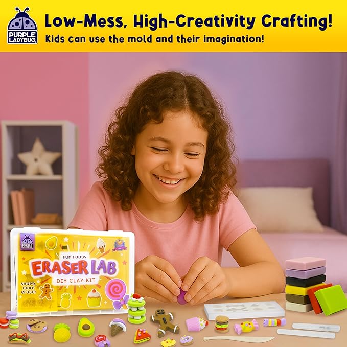 PURPLE LADYBUG Eraser Lab DIY Clay Kit - Food-Themed Fun Eraser for Kids Craft Set, 8 Clay Colors, Mold Tray & Shaping Tools, Creative Activity for Boys & Girls Aged 4+, Gift for Birthday, Christmas
