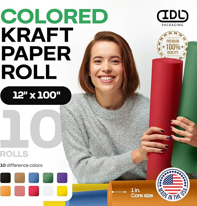 12" x 1200" (100 ft) Set of 10 Colored Kraft Paper Rolls – USA-Made Quality Craft Paper for Gift Wrapping, Kids' Arts & Crafts, School Projects, DIY – Natural Material, 50lb Thickness by IDL Packaging