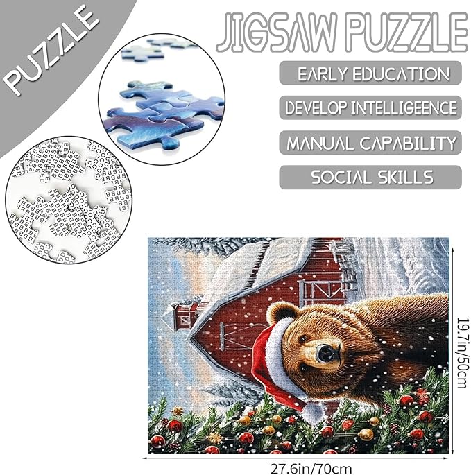 Merry Christmas 1000 Piece Jigsaw Puzzles for Adults Cute Bear Wear in Christmas Hat Painting Jigsaw Puzzle Wooden House1000 Pieces Puzzles Game Home Wall Decor DIY Craft Xmas Tree Puzzle Art Gift