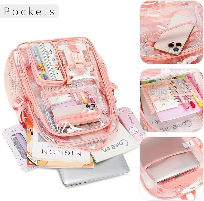 abshoo Large Clear Backpack For Girls Women School Bookbag Heavy Duty Transparent Backpacks (Baby Pink)