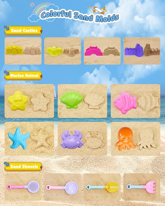 Unistylar Beach Toys, Sand Beach Toys for Toddlers with 3 Collapsible Foldable Sand Bucket and Shovels, Mesh Bag, Castle Animal Molds Sets, Travel Sandbox for Kids Age 3-10