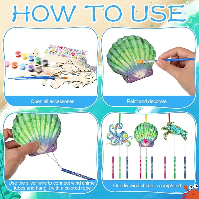30 Pack Summer Ocean Wind Chime Kit for Kids, Sea Animals Beach Crafts DIY Make Your Own Marine Creature Shell Whale Wind Chime Ornaments for Home Classroom Activity Birthday