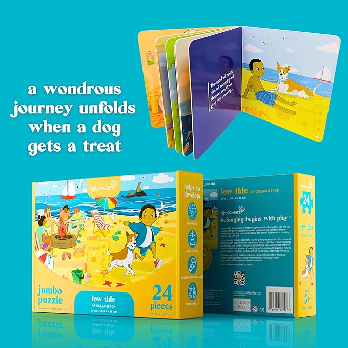 Upbounders® 24 Piece Jumbo Floor Jigsaw Puzzle & Picture Book Set for Kids | Low Tide at Ocean Beach Puzzle for Toddlers & Children | Educational Board Book Toddler Toy Kit for Boys & Girls Ages 3+