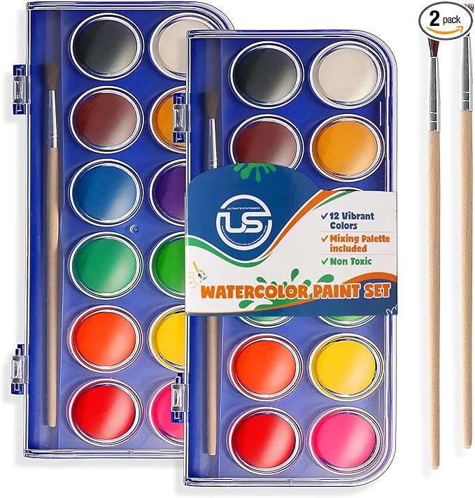 2 Pack Watercolor Paint Set 12 Vivid Colors Includes Watercolour Mixing Palette and 2 Brushes, Perfect For Artists, Beginner Painters, Kids and Adult Painting