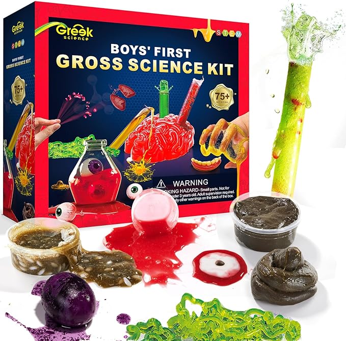 Boys First Gross Science Kit for Kids Age 6-8 8-12, Science Slime Kit for Boy, Christmas Birthday Gift Ideas for Boy 8-10, Chemistry Set with Brain Dissection, Poop Experiment, STEM Toys