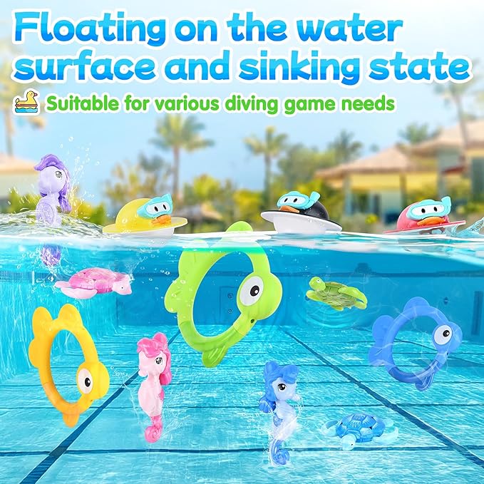 Pool Diving Toys for Kids, 14 PCS Swimming Pool Diving Rings, Summer Dive Sticks with Float Toys for Kids 4-8 8-12, Sea Animals Sinking Games for Teens, with Seahorse/Fish/Turtles/Ducks