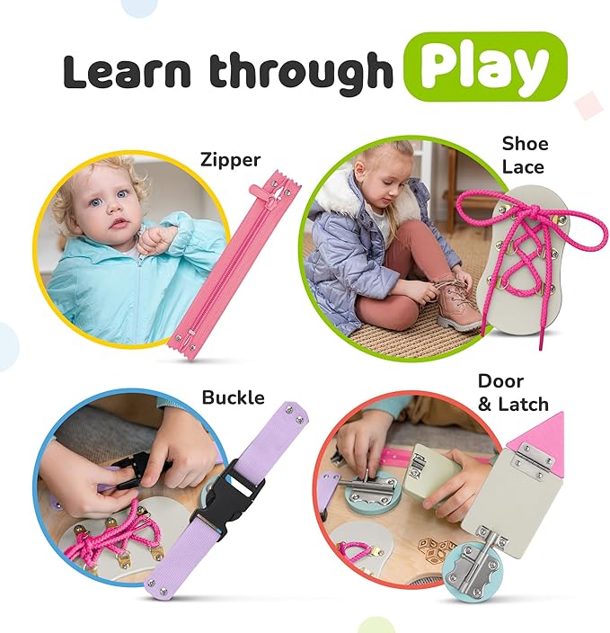 Montessori Busy Board for Toddlers, Premium Wooden Toddler Busy Board for 1 2 3 Year Old with 10 Educational Activities for Fine Motor Skills, Sensory Activity Toy for Travel, Gift for Boys & Girls