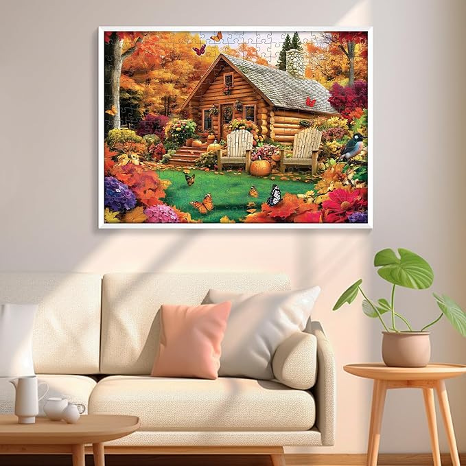 300 Pieces Puzzle for Adults, House and Forest Jigsaw Puzzle 300 Pieces, Butterfly, Fallen Leaves and Pumpkins Puzzle for Kids Seniors, Challenging Home Decor Holiday Party Gift Toy 20.5 * 15 in