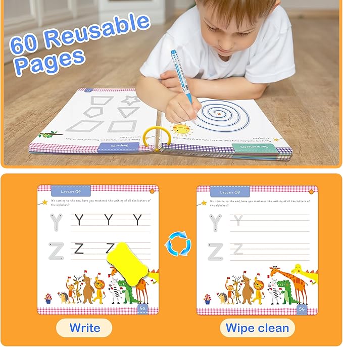 Preschool Learning Activities 60 Reusable Pages, Tracing Letter Number Handwriting Practice Book for Kids, Montessori Autism Educational Fine Motor Toddler Learning Toys for 3 4 5 Year Olds
