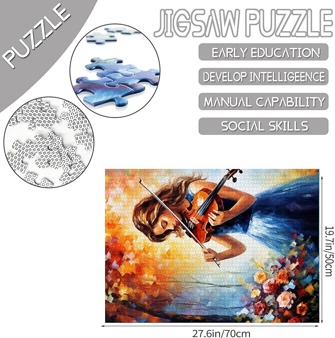 Woman 1000 Piece Jigsaw Puzzles for Adults The Girl Playing The Violin Painting Jigsaw Puzzle Female Musican 1000 Pieces Puzzles Game Home Wall Decor DIY Craft Forest Animal Puzzle Art(Brown)