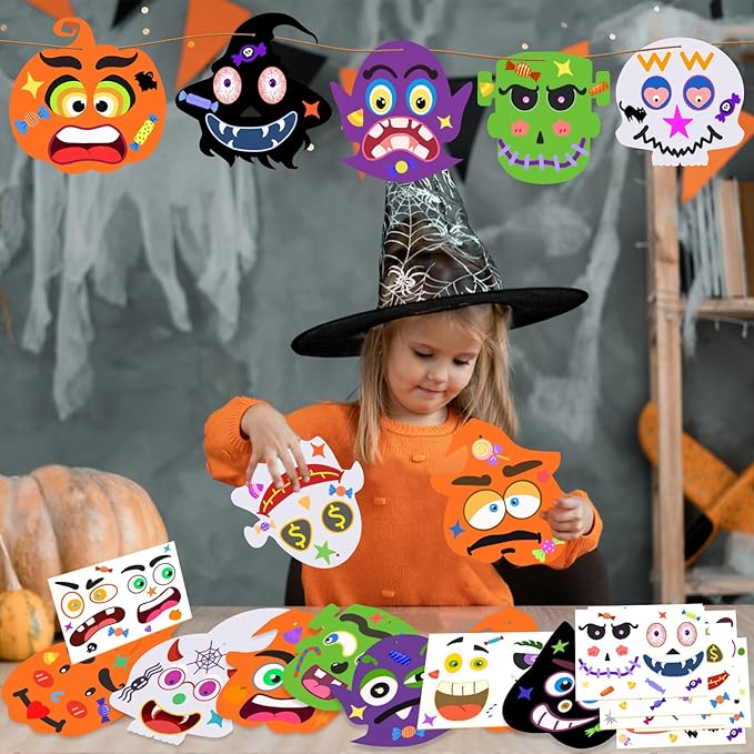 Natonhi Halloween Crafts Set, Halloween Activitie Art and Craft Foam Pumpkin Cat Bat Ghost Witches with Self Adhesive Face Stickers Kits for Kids Holiday Decorations Game Party Favors
