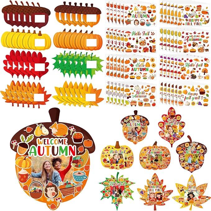 Jetec 48 Packs Fall Picture Frame Craft Kits Fall DIY Photo Frame with Stickers Make Your Own Picture Craft for Thanksgiving Autumn Home Classroom Decor