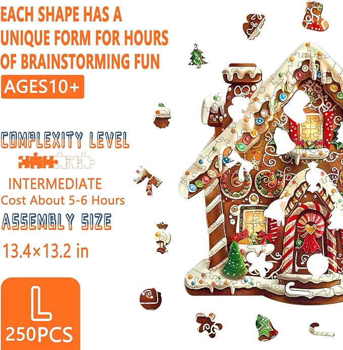 Wooden Puzzles for Adults, Christmas Gingerbread House Wooden Jigsaw Puzzle, Unique Shape Wood Puzzles Adult, Presents for Family, Wall Art Home Decor (L-13.4 * 13.2in- 250 Pieces)