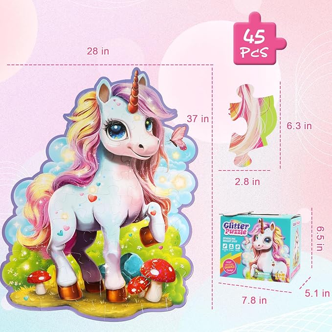 Glittering Unicorn Puzzle, Large Floor Unicorn Jigsaw Puzzles for Kids with Puzzle Sticker Sheets, for Girls Ages 3-6