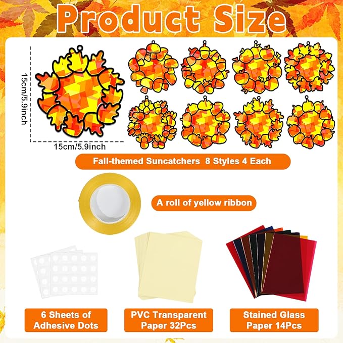 32 Sets Fall Thanksgiving Wreath Suncatchers Craft Kit DIY Window Stained Glass Effect autumn Wreath Paper Crafts Home School Classroom Decoration Kid Birthday Gift Creative Art Project Activity Game