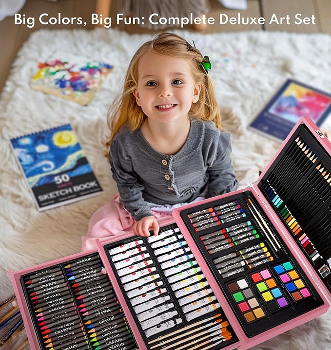 194 Piece Deluxe Art Set, Painting Drawing Art Supplies with 4 Drawing Pads, Acrylic Paints, Crayons, Colored Pencils Set in Wooden Case, Art Kit Gift Box for Kids, Teens, Adults, Artists, Beginners