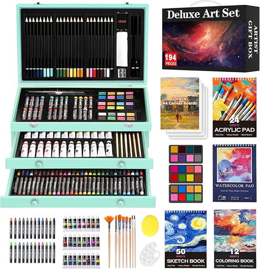 194 Piece Deluxe Art Set, Painting Drawing Art Supplies with 4 Drawing Pads, Acrylic Paints, Crayons, Colored Pencils Set in Wooden Case, Art Kit Gift Box for Kids, Teens, Adults, Artists, Beginners