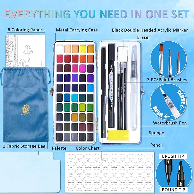 TBC The Best Crafts 50 Colors Watercolor Paint Set For Kids, Students and Artists, Amateur,Beginner.Set includes Coloring Sheets, Black Dual Tip Acrylic Paint Markers, Storage Bag