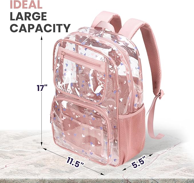 Heavy-Duty Clear Backpack for School - Durable See-Through Bookbag pink