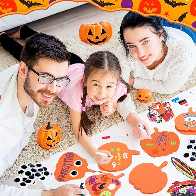 RICEDUO Halloween Crafts Kit for Kids - 290PCS Pumpkin Decorating Supplies with Stickers, Foam Pumpkins, Googly Eyes & Ribbons - Bulk Halloween Activities Ornament for Classroom, Toddlers, Ages 3-12