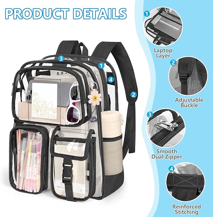 Black Clear Backpack, Heavy Duty PVC Clear Bag for Stadium Events, Transparent Backpack with Reinforced Straps & Stitches for Girls Boys, Large Capacity Bookbag for School, Travel, College, Work