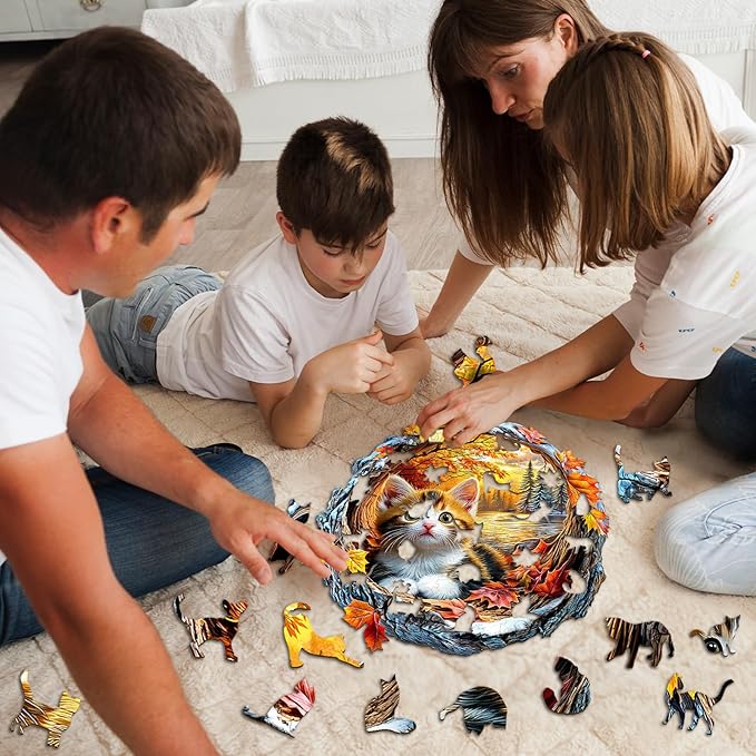 Wooden Puzzles for Adults - Kitten in Autumn Wooden Jigsaw Puzzle, Unique Animal Shaped Wood Puzzles Adult, Christmas Birthday Gifts for Friends/Family, Home Decor 13.4 * 13.2in 280pcs