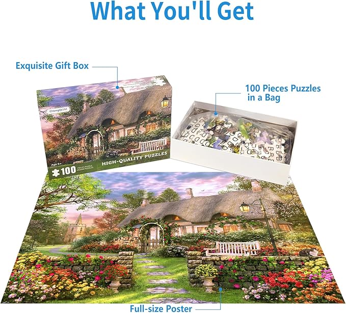 100 Piece Puzzles for Kids Countryside Landscape 100 Piece Puzzles for Adults, Rural Cottage Oil Painting 100 Pieces Puzzle for Kids Ages 4-8, Puzzle for Seniors Teens Brain Teaser