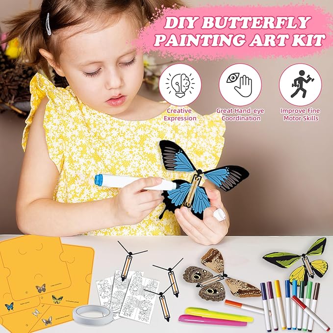 20 Pack Painting Butterfly Craft Kit for Kids, Rubber Band Wind Up Butterfly Toy, Kids Arts Craft Kit, 8 Paper Butterflies and 12 Color Pens, Make Your Own Magic Butterfies,Party Game,School Activity