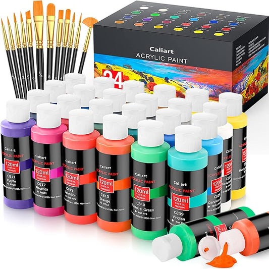 Caliart Acrylic Paint Set with 12 Brushes, 24 Colors (120ml, 4oz) Art Craft Paints for Artists Kids Students Beginners & Painters, Canvas Ceramic Wood Rock Painting Art Supplies Kit