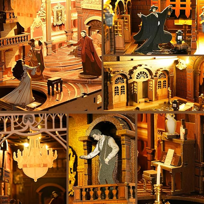 DIY Book Nook Kit for Adults, 3D Wooden Puzzle Bookend Bookshelf Insert Decor with LED Light and Dust Cover (Phantom of The Opera)