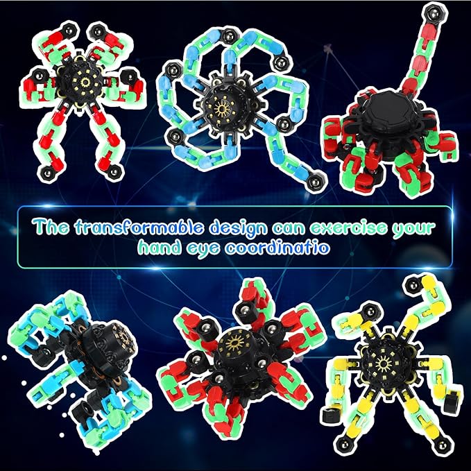 100 Pcs Funny Sensory Fidget Toy Bulk Transformable Chain Robot Finger Toys Fidget Spinners Stress Relief Fingertip Gyro Deformable Mechanical Spiral Spinner for Adult Kids ADHD(Glow)