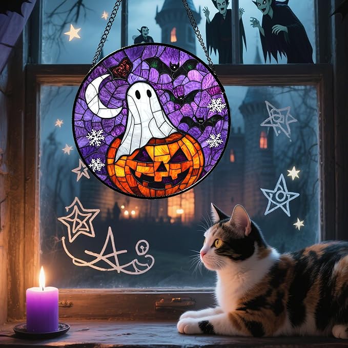 Stained Glass Window Hanging Halloween Horror Pumpkin 11.8" - Suncatcher Door Garden Sunroom Gothic Style Ghost Bat Sun Catcher Birthday for Friend Mom Men Woman Nana