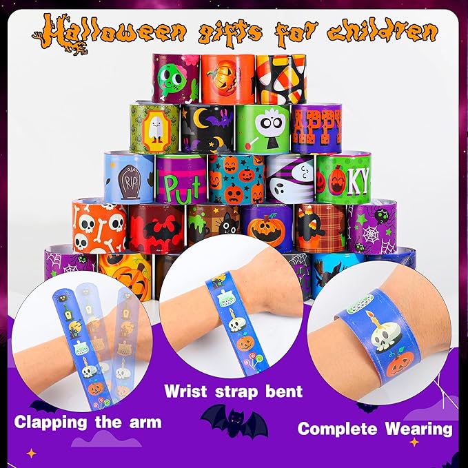 LUYI 144 PCS Halloween Slap Bracelets,Halloween Party Favors Supplies for Kids-108 Different Designs Bracelets Bulk for Halloween Decorations Treat Toys Bag Stuffers Gift for Kids Girls Boys
