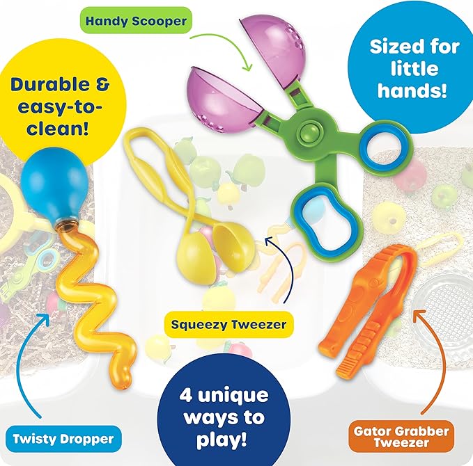 Learning Resources Helping Hands Fine Motor Tool Set Toy - 4 Pieces, Ages 3+ Fine Motor and Sensory Play Toys, Toddler Tweezers, Sensory Bin Toys