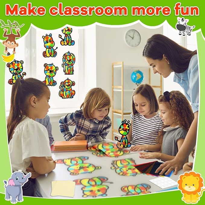 32 Sets Woodland Animal Suncatchers Craft Kit DIY Window Stained Glass Effect Forest Jungle Animals Paper Craft Home School Classroom Decoration Kid Birthday Gift Creative Art Project Activity Game