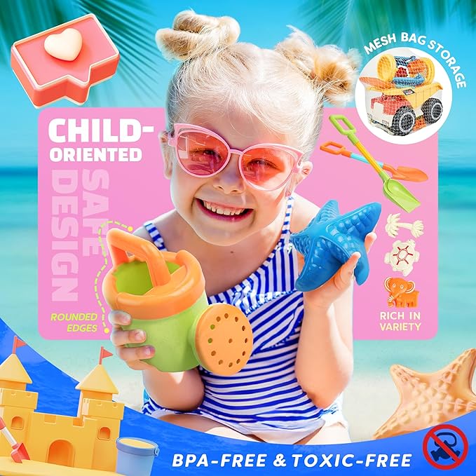 SMILESSKIDDO Beach Toys - Beach Dump Truck, Kids Sand Set with Sand Truck, Water Bucket, Shovel, Molds & Mesh Bag, 12Pcs Sandbox Toys for Toddlers 1-3, 4-8