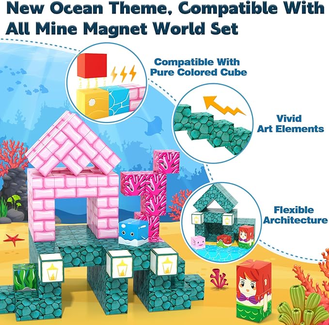 Magnetic Blocks - Build Mine Magnet World Ocean Set, Magnets Building Toys for Kids Ages 3-5 4-8, STEM Montessori Sensory Toys for Toddler 3+ Year Old Girls Boys, Classroom Must Haves Supplies